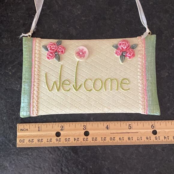 Sage green, cream and rose pink, resin welcome door hanger - Picture 3 of 5